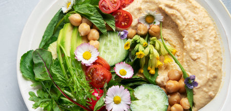 Healthy vegetarian salad. Vegan diet eating. Top view. Panorama, banner