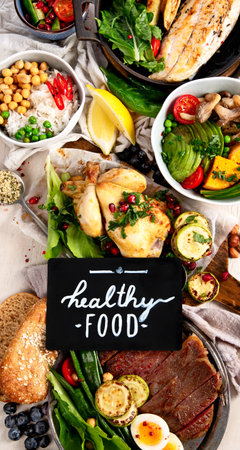 Dinner table with meat grill, fish, roast new potatoes, vegetables, salads and sauces on a light background. Top view.の写真素材