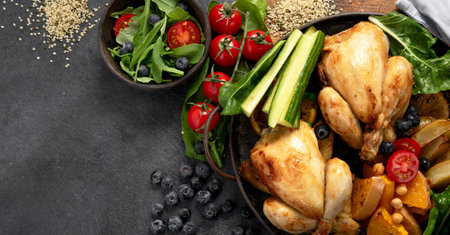 Roasted chicken with potatoes, salad and vegetables on a dark background. Top view. Copy space.