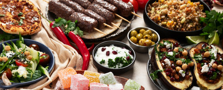 Delicious meat kebab with fresh vegetable salad served with variety of Turkish dishes and...