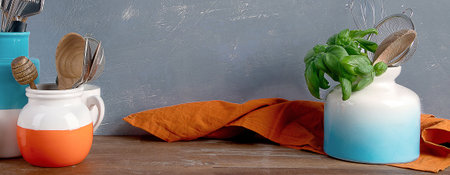 Kitchen utensils. Home kitchen decor concept, banner