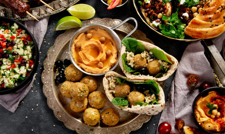 Middle Eastern or Arabic cuisine with a variety of dishes on a dark background. Top view.