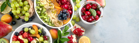 Bowl of healthy fresh fruit salad on gray background. Panorama, bannerの写真素材