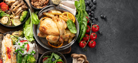 Various food of meat dishes, fish, salads, garnish and snacks on a black background. Top view. Copy space.の写真素材
