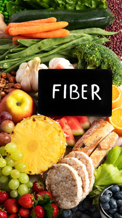 High fiber foods for healthy bowel on a white background. Healthy balanced dieting concept. Top view.の写真素材