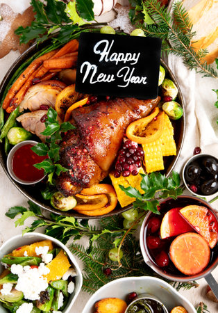 Holiday feast with roasted pork, vegetables, wine and desserts served on a light background. Top...