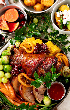 Holiday feast with roasted pork, vegetables, wine and desserts served on a light background. Top view.の写真素材