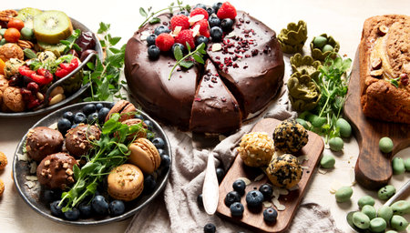 Various vegan desserts - chocolate cake, banana cake, nuts and sweets on a light background. Top view.の写真素材