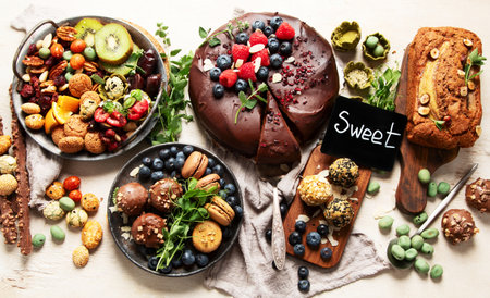 Various vegan desserts - chocolate cake, banana cake, nuts and sweets on a light background. Top view.の写真素材