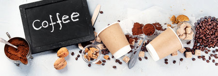 Coffee background with copy space. Top view, flat lay. Panorama