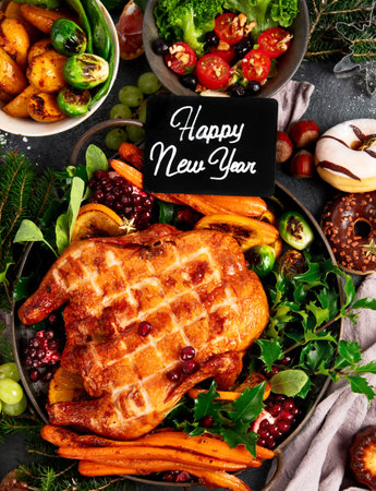 Christmas dinner with roast chicken, potato, cake and snacks on a black background. Top view.