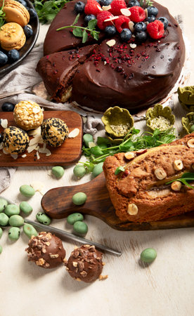 Various vegan desserts - chocolate cake, banana cake, nuts and sweets on a light background. Top...
