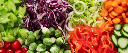 Sliced and chopped colorful fresh vegetables food preparation on a light background. Top view....