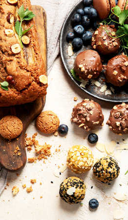 Different desserts with banana and berries. Top view, flat lay