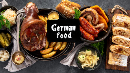 A set of classic dishes. Collection of various traditional dishes from cuisine on a black background. Top view.の写真素材