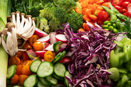 Variety of fresh chopped vegetables: carrots, cucumber, red bell pepper, tomato, salad, onion on a...