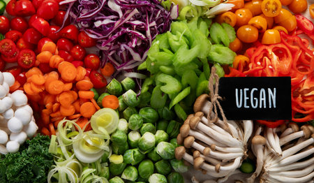 Sliced and chopped colorful fresh vegetables food preparation on a light background. Top view.の写真素材
