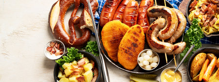 Various Austrian dishes- schnitzel, sausages, potatoes, Knodel, salad and sauces on a light background. Top view. Panorama with copy space.の写真素材