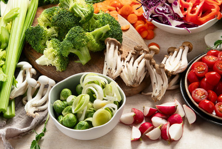 Fresh chopped vegetables on a plate and in bowls. Vegetarian, vegan food on a light background. Top...