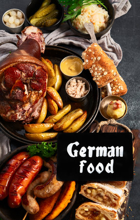 A set of classic Czech dishes. Collection of various traditional dishes from Czech cuisine on a black background. Top view.の写真素材