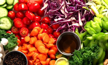 Sliced and chopped colorful fresh vegetables food preparation on a light background. Top view.の写真素材