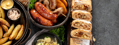 A set of classic Czech dishes. Collection of various traditional dishes from Czech cuisine on a black background. Top view. Panorama with copy space.の写真素材