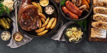 A set of classic Czech dishes. Collection of various traditional dishes from Czech cuisine on a black background. Top view. Copy space.の写真素材