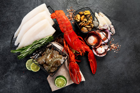 Variety of fresh seafood and herbs. Fresh fish and seafood arrangement. Top view.の写真素材