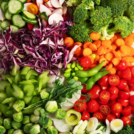 Variety of fresh chopped vegetables: carrots, cucumber, red bell pepper, tomato, salad, onion on a light background. Top view.の写真素材