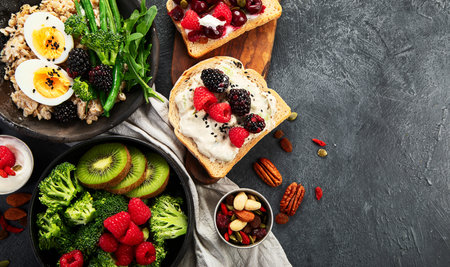 Bowls of vegan porridge with vegetables, sandwiches with fruits. Healthy eating. Top view.