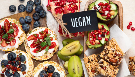 Healthy Snack Platter with fruits, nuts and dried fruits. Gourmet organic food, clean eating, plant-based protein, vegan diet. Top view.の写真素材