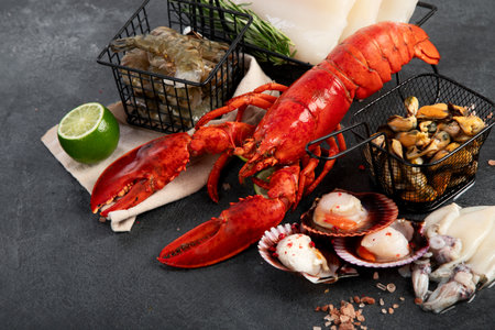 Variety of fresh seafood and herbs. Fresh fish and seafood arrangement. Top view.の写真素材