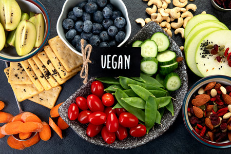 Healthy balanced dieting concept. Selection of rich fiber sources vegan food. Vegetables, fruits,...