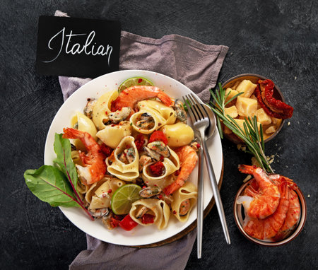 Classic Italian pasta marinara with mussels and shrimps on a dark background. Top view.の写真素材