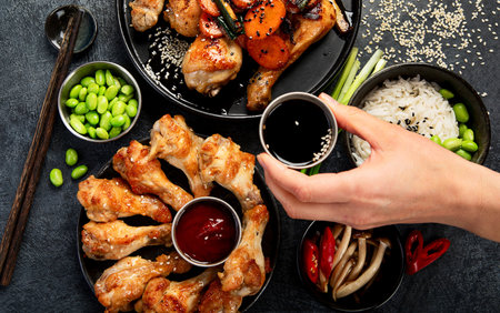 Set of assorted chicken dishes on table: sweet and sour chicken on plate, chicken legs with chilli sauce on a dark background. Top view.の写真素材