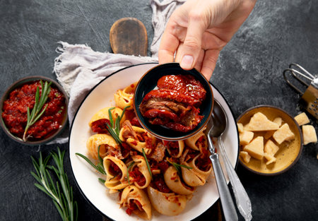 Pasta con Salsa di Pomodori - Pasta with Tomato Sauce. Classic pasta in a rich tomato sauce on a...