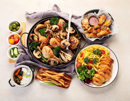 Chicken thighs baked with mushrooms, carrots and broccoli in a frying pan on a light background. Top view.の写真素材