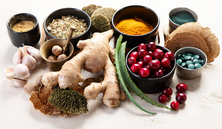 Healthy natural adaptogen. Herbs, spices, mushrooms on light background. Nervine food collection. Top viewの写真素材