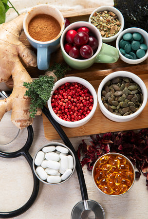 Alternative medicine. Holistic approach. Healing herbs and flowers on a light background. Top view.の写真素材