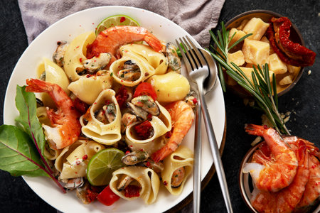 Classic Italian pasta marinara with mussels and shrimps on a dark background. Top view.の写真素材
