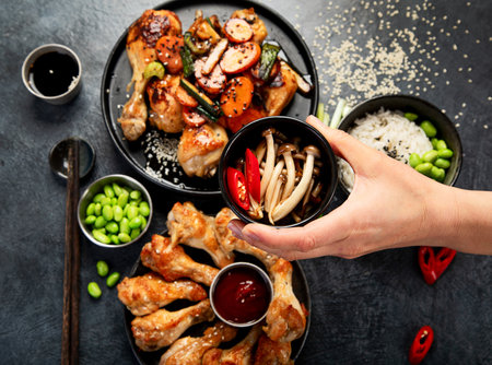 Set of assorted chicken dishes on table: sweet and sour chicken on plate, chicken legs with chilli sauce on a dark background. Top view.の写真素材