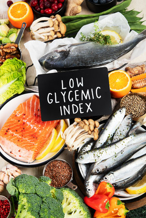 Healthy food concept. Balanced mediterranean diet foods. Food rich in vitamins, antioxidants, protein and fiberの写真素材