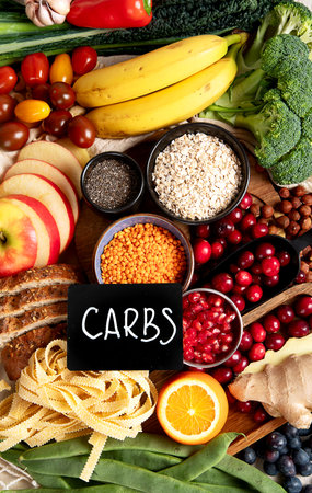 High fiber food for healthy bowel on a white background. Healthy balanced dieting concept. Top view.