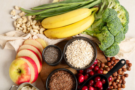 High fiber foods for healthy bowel. Healthy foods for intestine health. Diet and nutrition for constipation. Top view.の写真素材