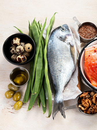 Products contain Omega 3 on white background. Healthy fat concept. Top view.の写真素材