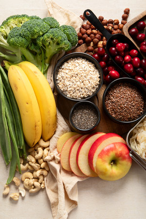 High fiber foods for healthy bowel. Healthy foods for intestine health. Diet and nutrition for constipation. Top view.の写真素材