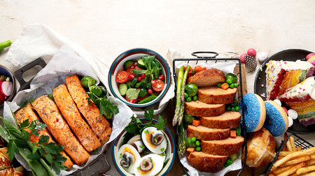 Easter dinner on a light background. Traditional food. Family spring event. Top view.の写真素材