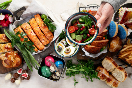 Easter dinner on a light background. Traditional food. Family spring event. Top view.