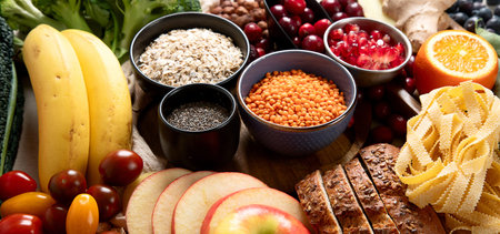 High fiber food for healthy bowel on a white background. Healthy balanced dieting concept. Top view.の写真素材