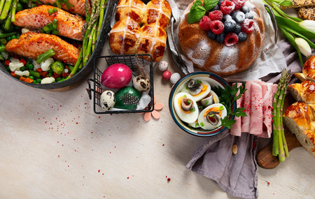 Oven roasted salmon with green beans and asparagus for Easter brunch or dinner on a light...